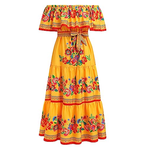 Mexican Dress for Women Off Shoulder Floral Print Long Maxi Dress Summer Sleeveless Party Vacation Dresses with Belt