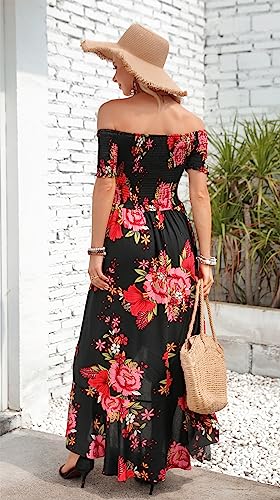 Women Short Sleeve Off Shoulder Floral High Low Flowy Summer Party Long Maxi Dress