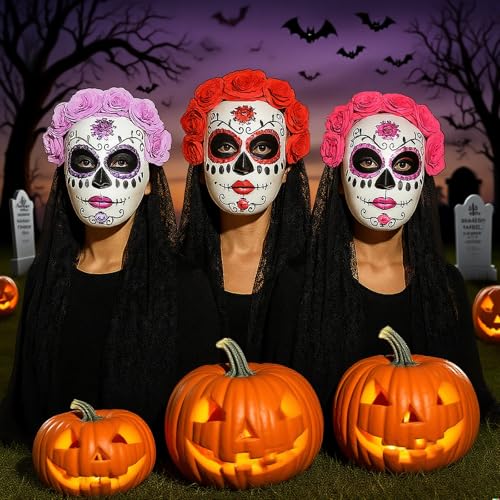 Mexican Day of the Dead Mask for Women Dia de los Muertos Headpiece Full Skeleton Skull Flower Mask, Festival Cosplay