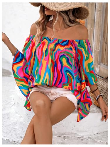 Women's Off The Shoulder Tops Boho Asymmetrical 3/4 Sleeve Ruffle Colorful Blouses Shirt Tops Dressy Casual
