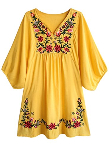 Summer Dress V Neck Mexican Embroidered Peasant Women's Dressy Tops Blouses