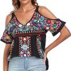 Women's Mexican Tops Cold Shoulder V Neck Sexy Blouse Short Sleeve Shirts Embroidered Floral Tunic