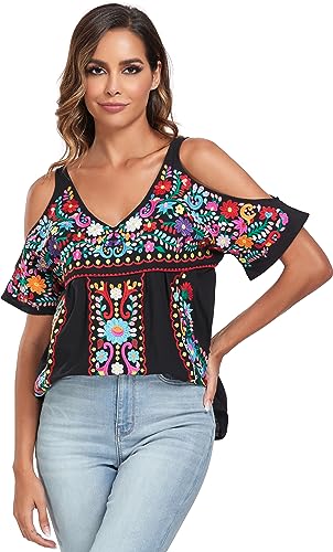 Women's Mexican Tops Cold Shoulder V Neck Sexy Blouse Short Sleeve Shirts Embroidered Floral Tunic