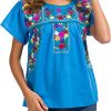 Women's Embroidered Mexican Peasant Blouse Mexico Summer Shirt Short Sleeve