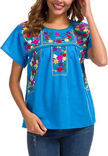 Women's Embroidered Mexican Peasant Blouse Mexico Summer Shirt Short Sleeve
