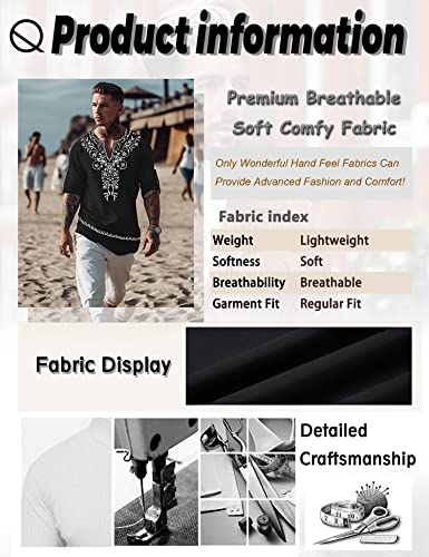 Mens Polyester Linen V Neck Henley Shirt Long Sleeve Caftan Handmade Tunic Embroidered Casual Beach T Shirts