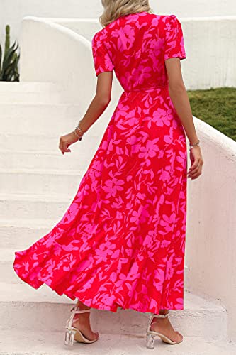 Women's Summer Maxi Dress Casual Wrap Floral Boho Short Sleeve V Neck Split Ruffle Beach Long Dresses