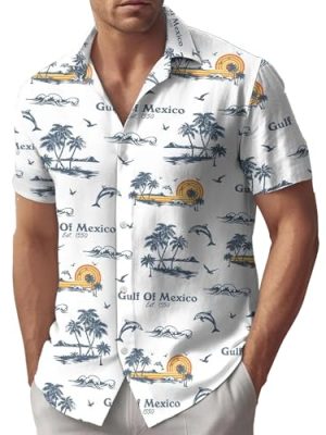 Gulf of Mexico Button Hawaiian Shirts for Men Loose Short Sleeve Summer Beach Resort Casual Shirt Gift for Mexican Lovers
