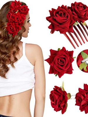 4 Pieces Rose Flower Hair Clip Big Rose Brooch Floral Clips Mexican Flower Hair Accessories for Woman Flamenco Dancer Bridal