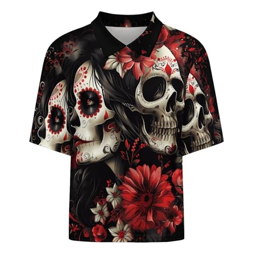 Mexican Day of The Dead Women Goth Workout T-Shirts for Men Collar Neck Summer T-Shirt Mid Sleeve Casual Tee Tops