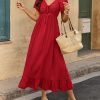 Womens Spring Dresses 2025 Casual Short Sleeve V Neck Drawstring Wedding Guest Maxi Dresses Boho Beach Long Dress