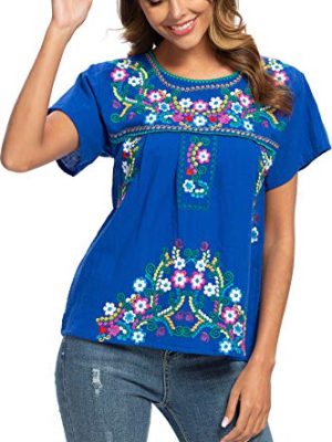 Women's Embroidered Mexican Peasant Blouse Mexico Summer Shirt Short Sleeve