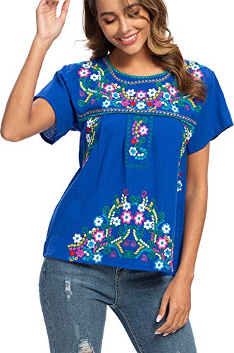 Women's Embroidered Mexican Peasant Blouse Mexico Summer Shirt Short Sleeve