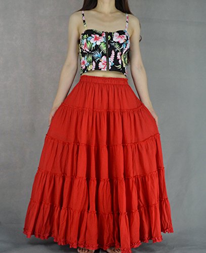 Women's Cotton 5 Tiered A Line Pleated Maxi Skirt Long Boho Gypsy Dance Skirts