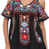 Women's Mexican Tops Cold Shoulder V Neck Sexy Blouse Short Sleeve Shirts Embroidered Floral Tunic