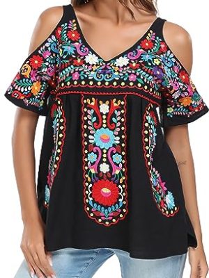 Women's Mexican Tops Cold Shoulder V Neck Sexy Blouse Short Sleeve Shirts Embroidered Floral Tunic