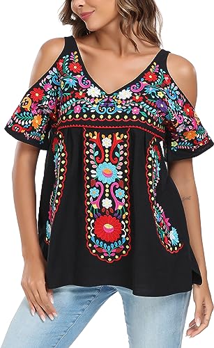 Women's Mexican Tops Cold Shoulder V Neck Sexy Blouse Short Sleeve Shirts Embroidered Floral Tunic