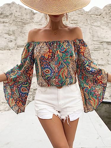 Women's Boho Off Shoulder 3/4 Bell Sleeve Summer Blouse Top