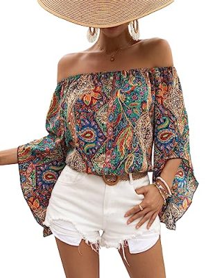 Women's Boho Off Shoulder 3/4 Bell Sleeve Summer Blouse Top
