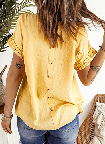 Womens Summer Tops Crewneck Lace Crochet Short Sleeve Shirts Casual Chiffon Blouses