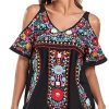 Women's Mexican Tops Cold Shoulder V Neck Sexy Blouse Short Sleeve Shirts Embroidered Floral Tunic