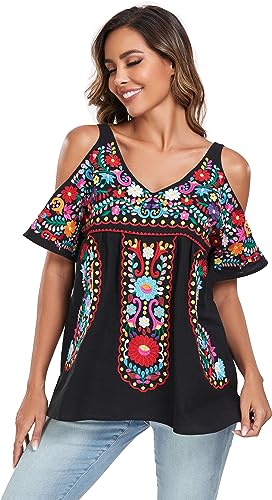 Women's Mexican Tops Cold Shoulder V Neck Sexy Blouse Short Sleeve Shirts Embroidered Floral Tunic