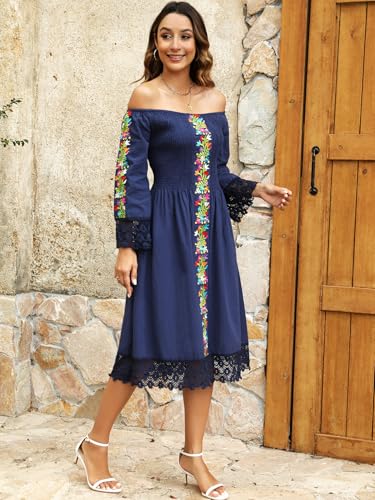 Mexican Dress for Women Embroidered Traditional Fiesta Dresses Style Long Sleeve Floral Diverse Embroidered Patterns