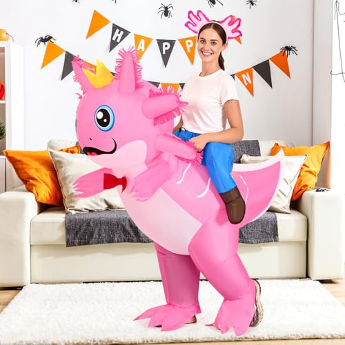 Inflatable Axolotl Costume for Kids Adult, Funny Halloween Ride on Axolotl Blow Up Costumes with Headband for Women