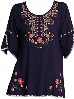 Mexican Shirts Peasant Blouses Cotton Embroidered 3/4 Sleeve Bohemian Tops Boho Clothes for Women Summer Fiesta