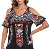Women's Mexican Tops Cold Shoulder V Neck Sexy Blouse Short Sleeve Shirts Embroidered Floral Tunic