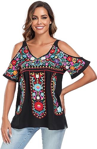 Women's Mexican Tops Cold Shoulder V Neck Sexy Blouse Short Sleeve Shirts Embroidered Floral Tunic