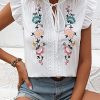 Women's Floral Embroidered V Neck Ruffle Cap Sleeve Peplum Blouse Top