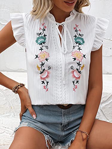 Women's Floral Embroidered V Neck Ruffle Cap Sleeve Peplum Blouse Top