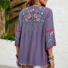 Mexican Shirts Peasant Blouses Cotton Embroidered 3/4 Sleeve Summer V Neck Tunic Bohemian Tops Boho Clothes for Women