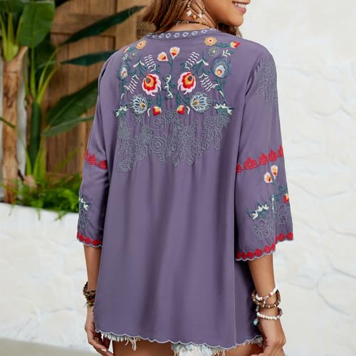 Mexican Shirts Peasant Blouses Cotton Embroidered 3/4 Sleeve Summer V Neck Tunic Bohemian Tops Boho Clothes for Women
