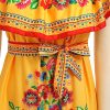 Mexican Dress for Women Off Shoulder Floral Print Long Maxi Dress Summer Sleeveless Party Vacation Dresses with Belt