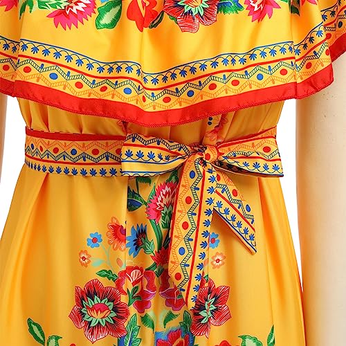 Mexican Dress for Women Off Shoulder Floral Print Long Maxi Dress Summer Sleeveless Party Vacation Dresses with Belt