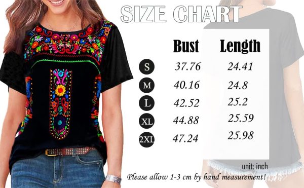 Short Sleeve Mexican Tee Shirts for Women Floral Embroidered Loose Tops Ethnic Style Boho T-Shirts