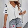 Mexican Embroidered Tops for Women Floral Short Sleeve Boho Tops Bow Tie V Neck Peasant Blouse Loose Summer Tops