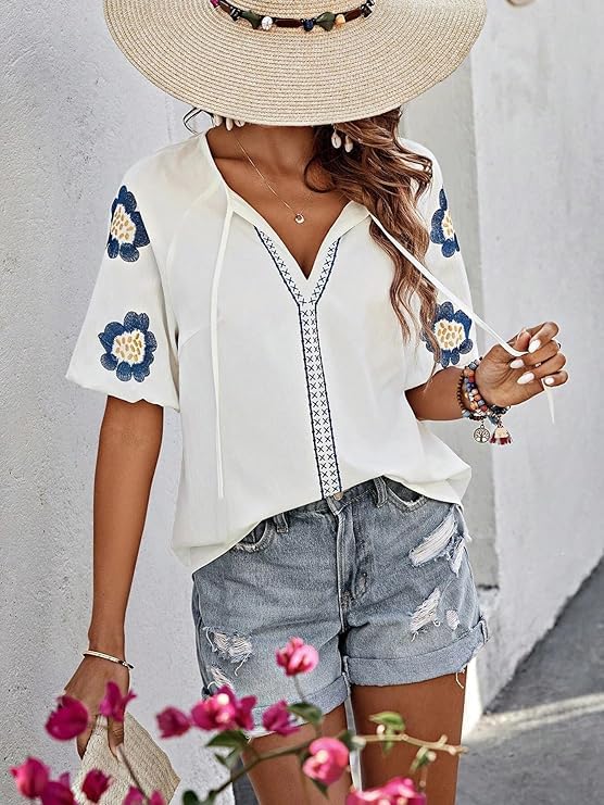 Mexican Embroidered Tops for Women Floral Short Sleeve Boho Tops Bow Tie V Neck Peasant Blouse Loose Summer Tops