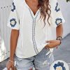 Mexican Embroidered Tops for Women Floral Short Sleeve Boho Tops Bow Tie V Neck Peasant Blouse Loose Summer Tops