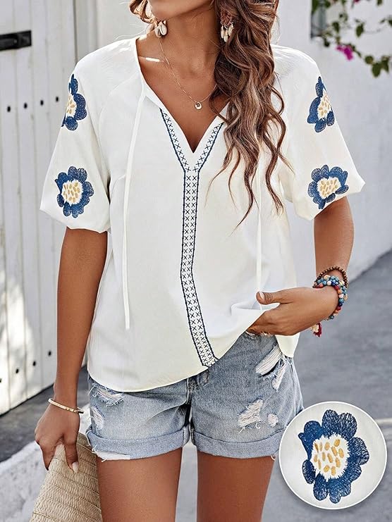 Mexican Embroidered Tops for Women Floral Short Sleeve Boho Tops Bow Tie V Neck Peasant Blouse Loose Summer Tops