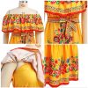 Mexican Dress for Women Off Shoulder Floral Print Long Maxi Dress Summer Sleeveless Party Vacation Dresses with Belt