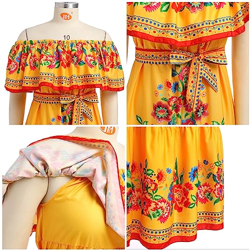 Mexican Dress for Women Off Shoulder Floral Print Long Maxi Dress Summer Sleeveless Party Vacation Dresses with Belt